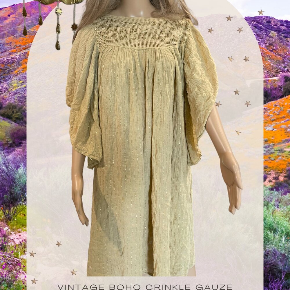 Vintage Gold Boho Crinkle Gauze Smocked Dress | Metallic Thread Angel Sleeve Max